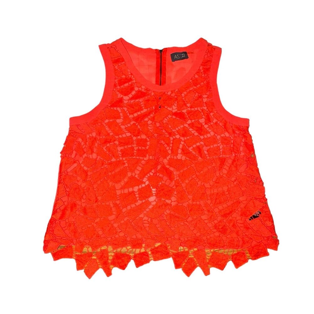 ASTR Crochet Tank Top Women's Size L Scarlet Red Geometric See Through Back Zip
